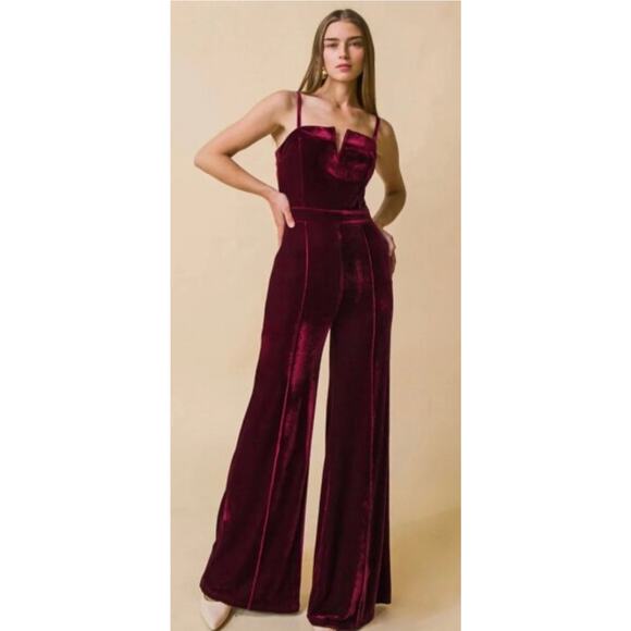 Unique Vintage Pants - Unique Vintage Flying Tomato Dark Red Velvet Wide Leg Jumpsuit 1X NWOT